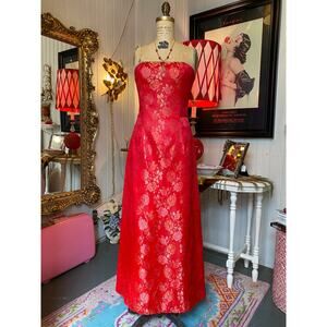 vintage 1990s Jessica McClintock red satin strapless gown 90s formal dress rose